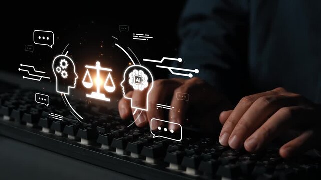 Concept of artificial intelligence ethics and legal balance represented by human heads with scales and digital interface on a dark background during a keyboard interaction Gluon.