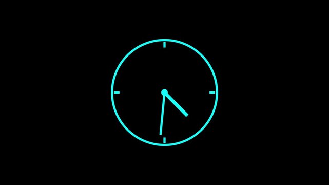 cyan color clock icon animation on black background. analog clock timer circle animated.