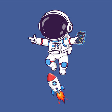 Cute astronaut floating with a rocket and holding a smartphone.