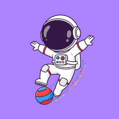 Obraz premium Cute Astronaut Playing Soccer in Space with Colorful Ball.