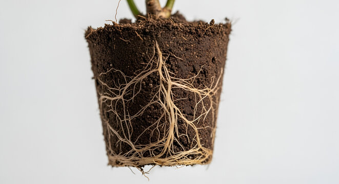 Plant roots and soil bare rooted for transplanting botany study healthy root system with dirt plant care closeup white background