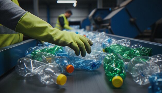 A worker in a recycling plant sorting empty plastic bottles on a conveyor belt.