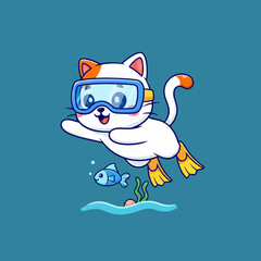 Cute cartoon cat wearing goggles and flippers swimming underwater. © Arviz