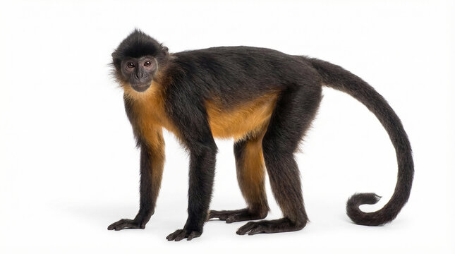 Geoffroy's Spider Monkey Ateles geoffroyi Isolated on White Background, Black-handed Spider Monkey Standing in Side View with Long Prehensile Tail in Professional Studio Lighting