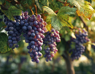 Fototapeta premium Ripe grapes growing on vineyard vine in warm sunlight, agriculture and winemaking concept.