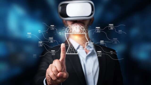 A businessman interacts with immersive virtual reality technology, showcasing artificial intelligence data visualizations in a futuristic atmosphere, enhancing digital engagement. Raster