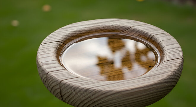 Rustic wooden bird bath filled with clear water reflecting the sky in a serene garden setting showcasing natural textures and simple elegance