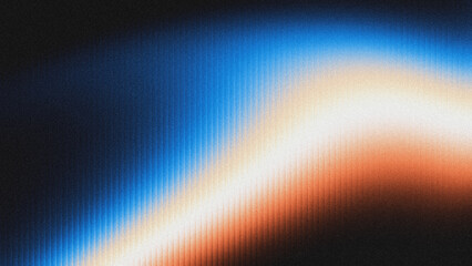 Abstract grainy gradient background with vertical line texture, blue to orange fluid wave effect, dark black base, retro noise aesthetic. © yun visual