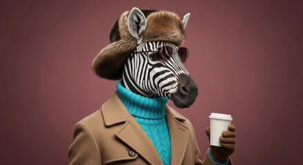 Naklejka premium Fashionable zebra wearing a fur hat and sunglasses holds a cup of coffee.