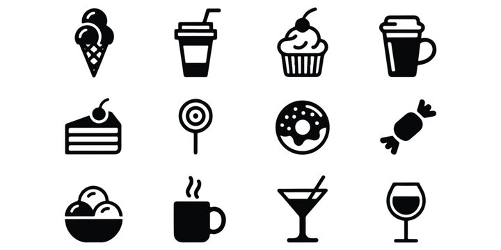 A set of simple line art illustrations of various sweet treats and beverages on a white background