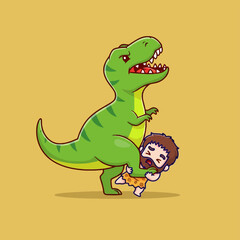 Tyrannosaurus Rex and Caveman Playful Interaction. © Arviz