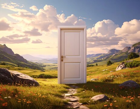 A white door stands in a vibrant landscape with a stone path leading towards it, amidst rolling green hills under a bright sky
