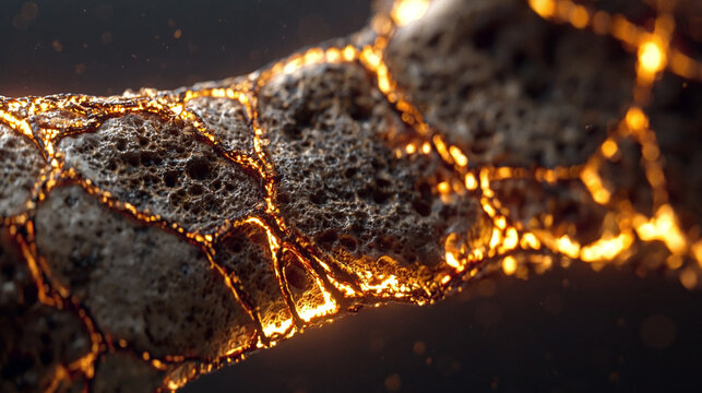 Macro Close-Up of Ancient Cracked Bone with Molten Golden Fire Glowing Through Fractures, Dark Cinematic Fantasy Background