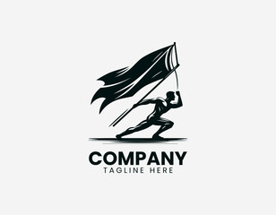 Fototapeta premium Worker raising flag silhouette bold minimalist black vector illustration logo