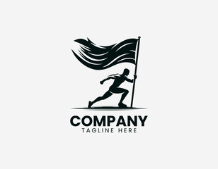 Fototapeta premium Worker raising flag silhouette bold minimalist black vector illustration logo