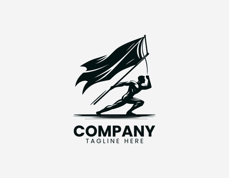 Worker raising flag silhouette bold minimalist black vector illustration logo