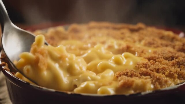 Macaroni and cheese in skillet being served.