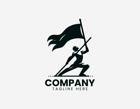 Worker raising flag silhouette bold minimalist black vector illustration logo