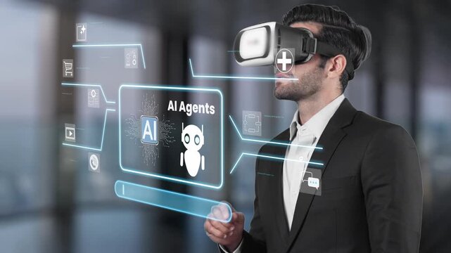 Professional man uses virtual reality headset to interact with AI agents in a modern office environment showcasing advanced technology and innovation Gluon.