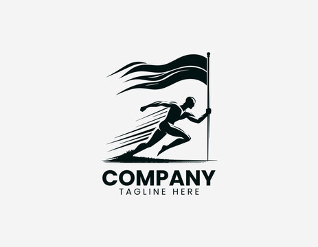 Worker raising flag silhouette bold minimalist black vector illustration logo