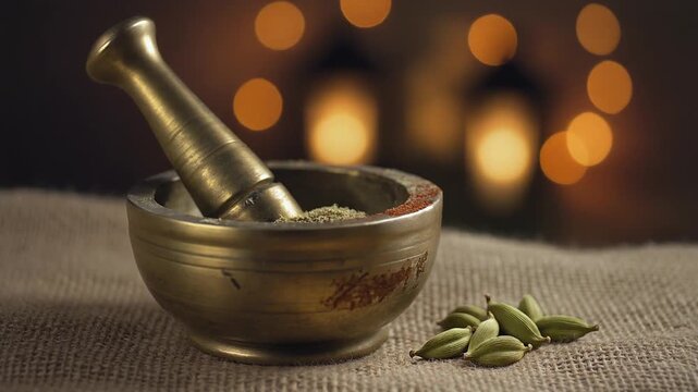 Herbal medicine preparation with mortar.