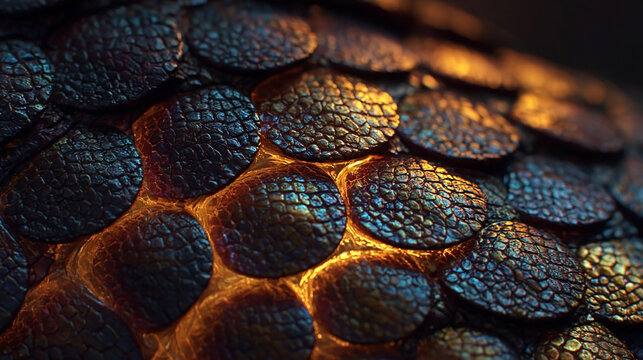 Extreme Macro of Dark Reptile Dragon Scales with Glowing Amber Gold Light Between Overlapping Scales, Cinematic Nature Texture