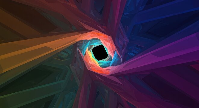 Complex interweaving of pure color gradients and sharp non-objective geometric forms creating a deep, limitless conceptual space, artwork, texture, visual