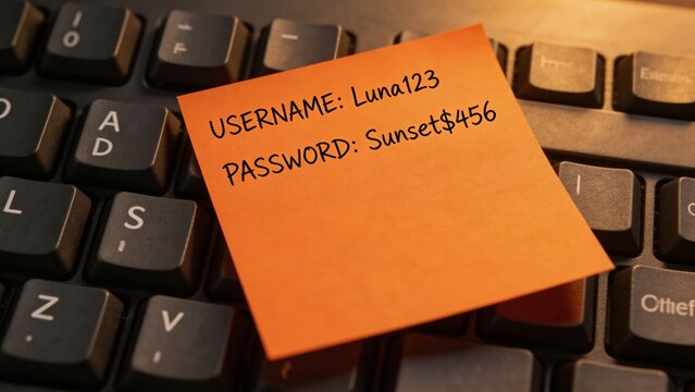A close-up of an orange sticky note with a username and password on a black computer keyboard, highlighting the risks of insecure password management and potential cybersecurity threats.