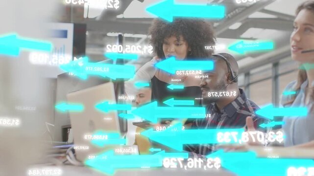 Animated arrows sweeping screens, causing woman leaning, pointing and guiding team on data