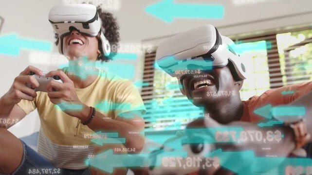 Two male gamers wearing VR headsets initiating virtual game, cyan arrows overlaying controllers