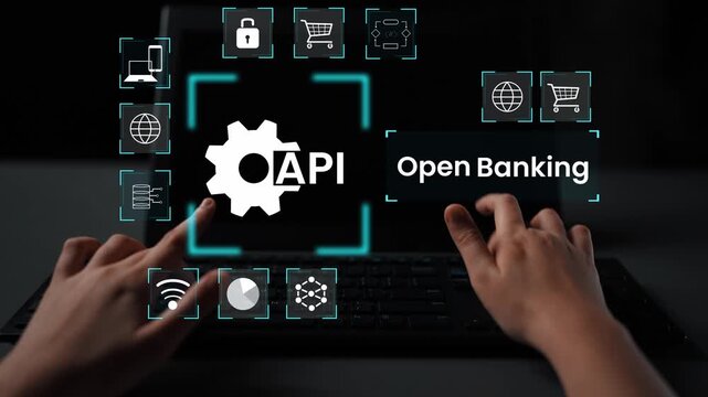 Hands on Keyboard with Digital Interface for Open Banking API Concept in Modern Financial Technology Environment Gluon.
