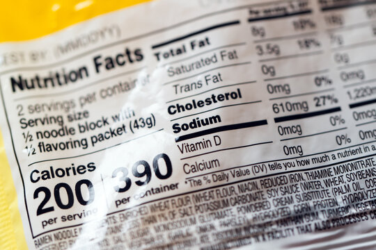 Nutrition facts label on a packaged instant noodle, highlighting high sodium content.