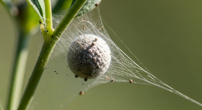 Spherical bagworm moth larva silk case hanging on green plant stem with intricate web threads in a natural setting showcasing camouflage and insect behavior