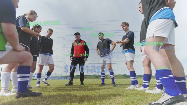Coach entering center and pointing, players tying cleats and following sports HUD, preparing tactic