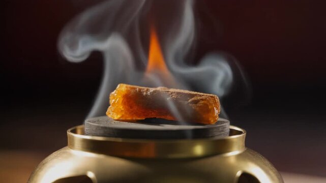 Incense stick burning on metal holder.