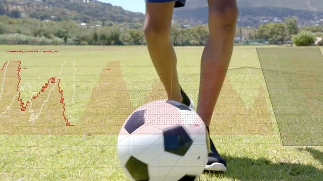 Ball at feet starting boy shifting taps and dribbling, grid overlay tracking foot motion for sports