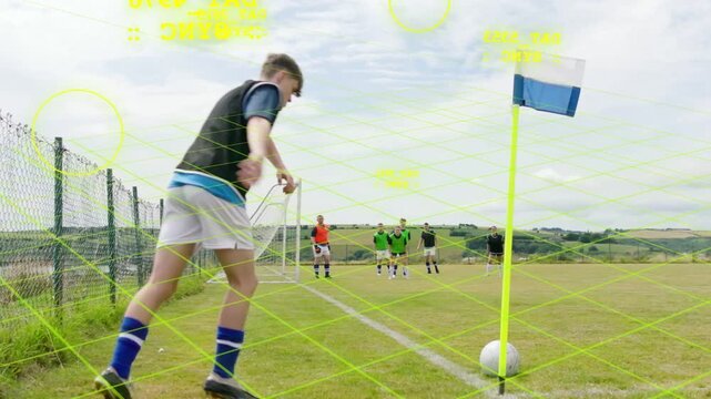 Male teenager stepping up kicking corner on pitch, sports HUD tracking ball creating scoring chance