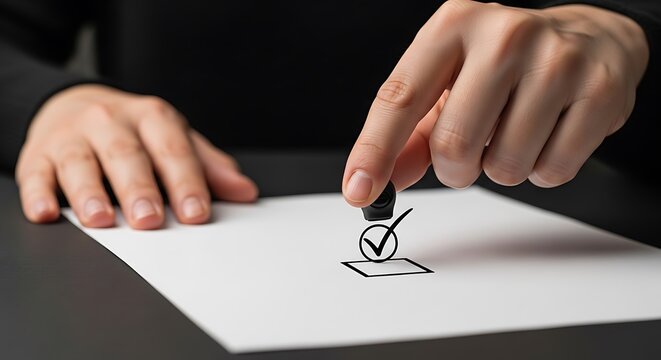 Hand stamping check mark on paper with confirmation