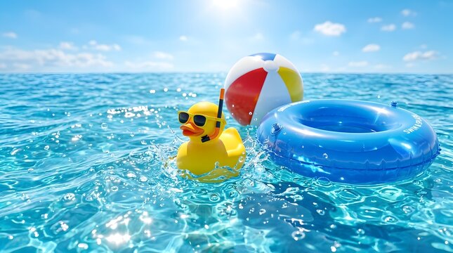 Yellow rubber duck toy wearing sunglasses and a snorkel mask splashes in turquoise ocean water alongside a blue inflatable swim ring and a multicolored beach ball under a clear sun.