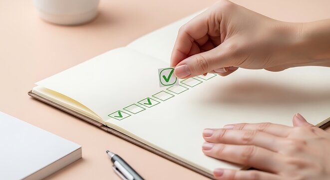 Hand checking off to-do list item in open notebook