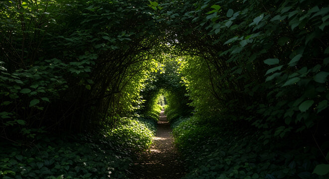 Sunlight filters through a natural tunnel formed by trees and lush green foliage in a tranquil woodland setting creating an enchanting pathway