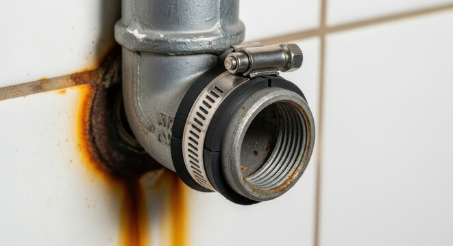 Close up of a metallic pipe section attached to a tiled wall with visible rust.
