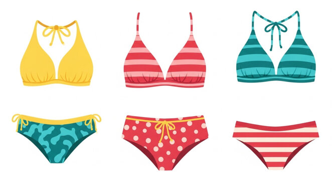 Collection of colorful bikinis and swimsuits for women.