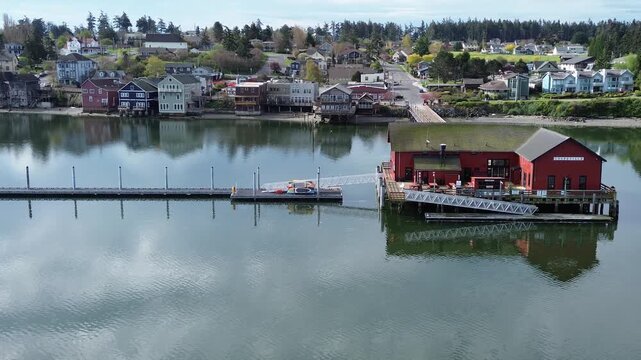 Aerial view of the historic wharf in the waterfront town of Coupville, Washington.