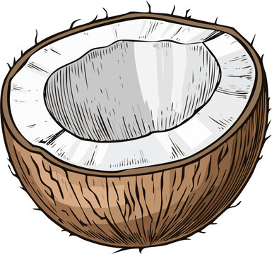 Hand drawn engraving style vector illustration of a halved coconut, fine cross hatching