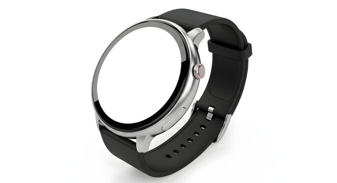 A sleek, modern smartwatch with a round silver bezel and a black leather strap, featuring a blank white screen, isolated on a clean background.
