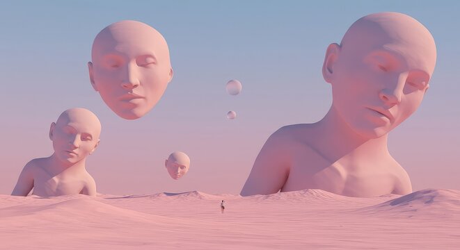 Impossible scene of giant abstract sculptures floating over a desolate pastel desert. Deep perspective creates a sense of profound, empty isolation, Surreal, calm, vast