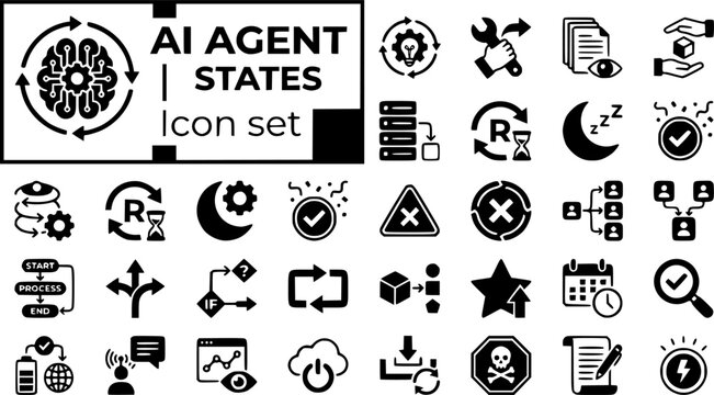 AI Agent States Icon Set Thinking Loop Tool Call Memory Read Handoff Task Queue Retry Idle Success Error Abort Spawn Merge Vector Illustration
