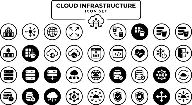 Cloud Infrastructure Icon Set Container Pod Load Balancer CDN Node Auto-Scale Region Failover Object Store VPC Subnet API Gateway Health Check Cold Start Egress