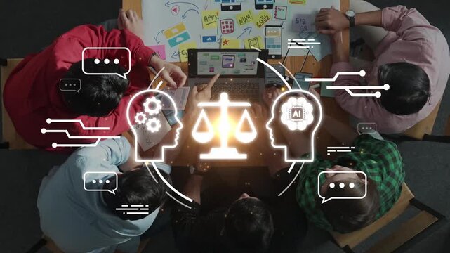 Diverse group brainstorming legal and ethical considerations of artificial intelligence technology in modern workplace environment with digital icons Gluon.